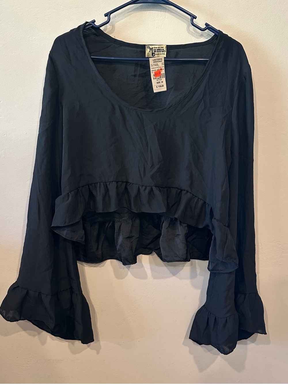 Show Me Your Mumu Black Solid Scoop Neck Ruffle Bell Sleeve Cropped Blouse M